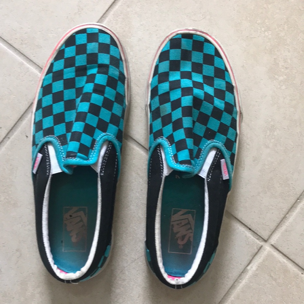 Teal and black checkered Vans